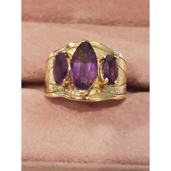 14K Yellow Gold 1920's Vintage 3 Stone Oval Amethyst Garnet Ring, Size 8.25